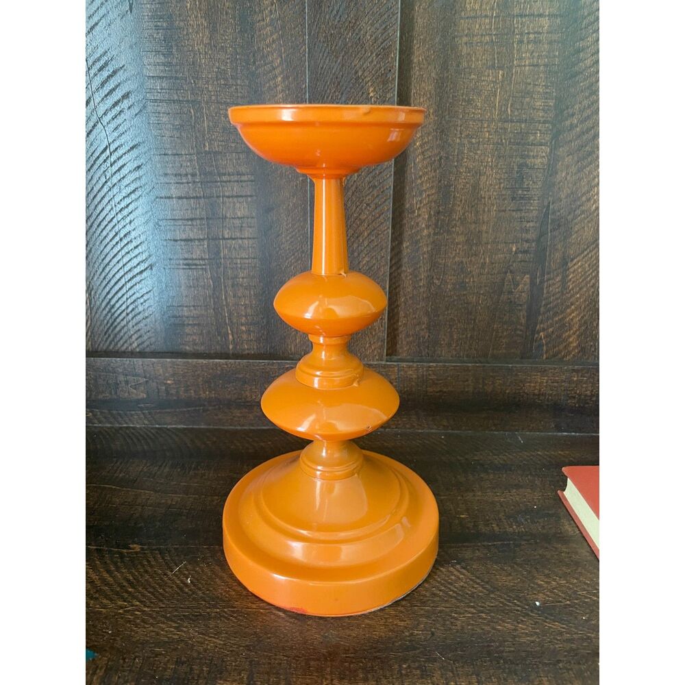 Orange Pedestal Pillar Candle Holder Sculptural Retro Space Age Decor